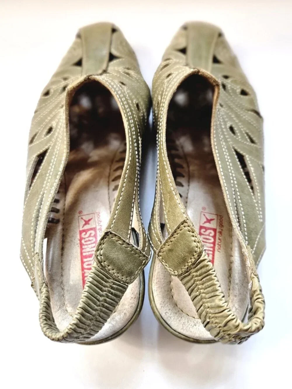 Pikolinos Slingback Green Leather Laser Cut Wedge Sandals Size 10-10.5 EU 41